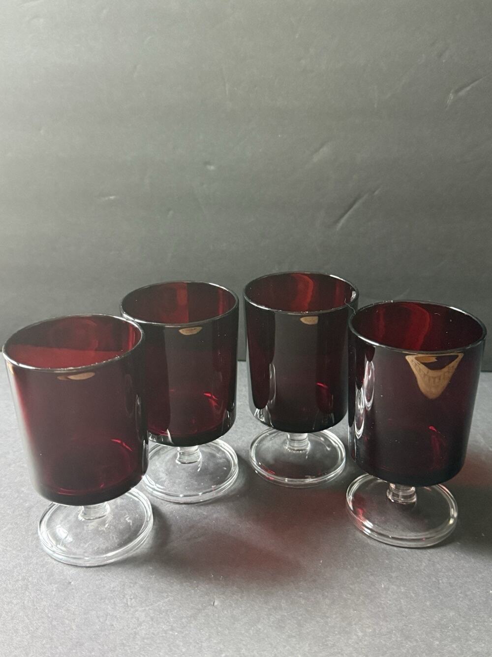 Vintage French Luminarc Cavalier Ruby Red Footed Cordial Wine Glasses Set (4)
